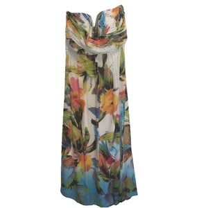 Cachet Elegant Floral Strapless Large Beaded Gown Tropical Summer Dress Layered